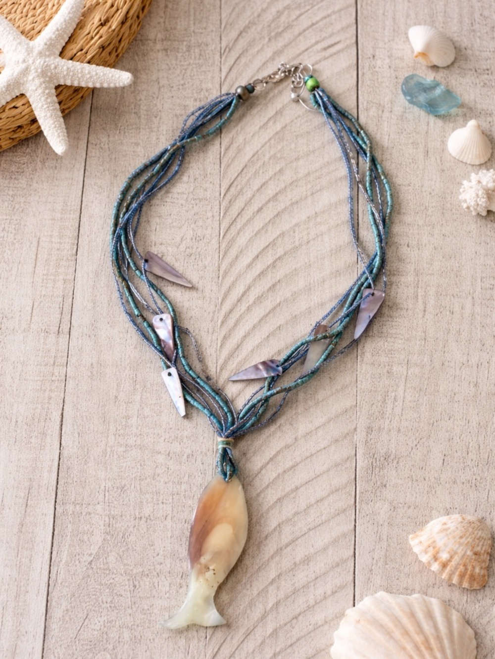 Boho Beaded Multi Strand Necklace Fish Pendant Shell Charm Blue Green Handmade